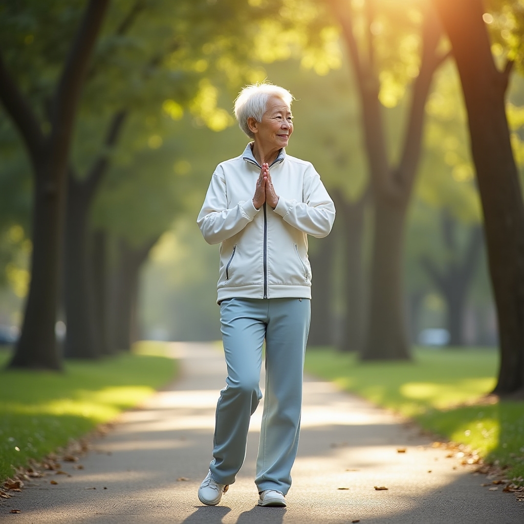 Active older adult performing gentle mobility exercises in a sunlit park, demonstrating healthy aging through movement
