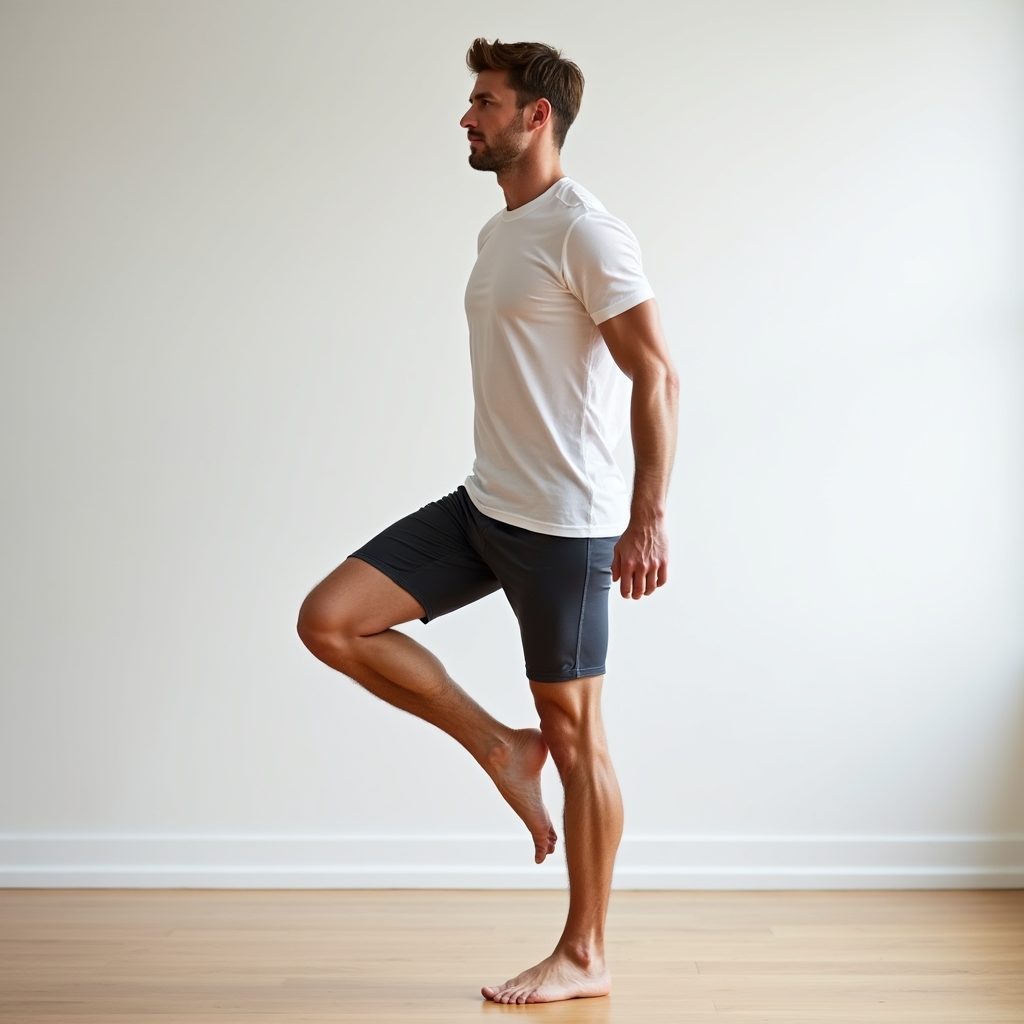 Person practicing single-leg balance exercise on a wooden floor, demonstrating proprioception and stability training