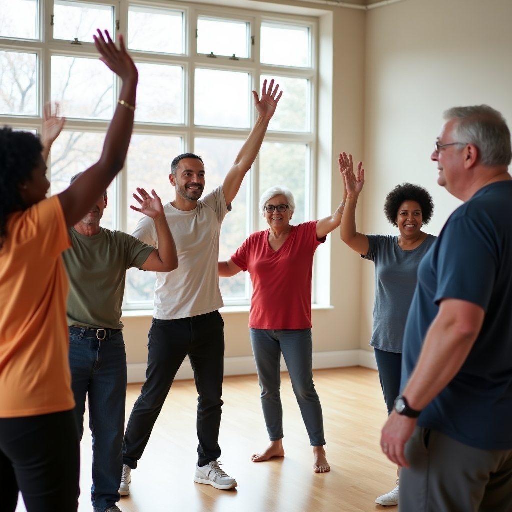 Diverse group of adults of various ages participating in a functional movement workshop in a bright community space