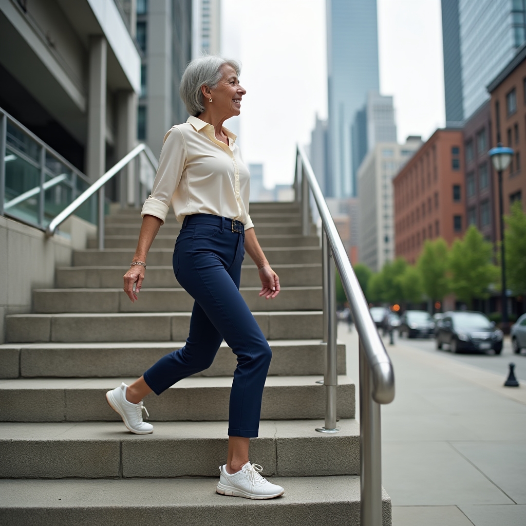 Middle-aged woman climbing stairs confidently with good posture, natural daylight, urban setting